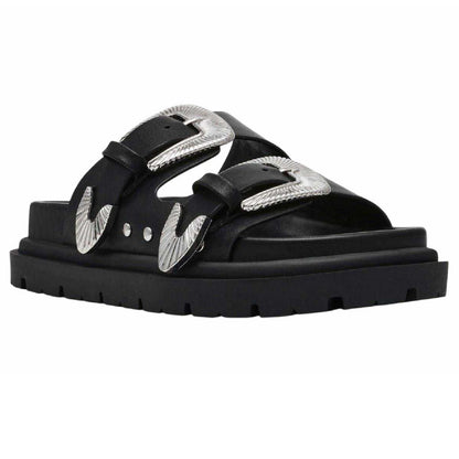 Black - Front - Steve Madden Womens-Ladies Buckle Leather Slides
