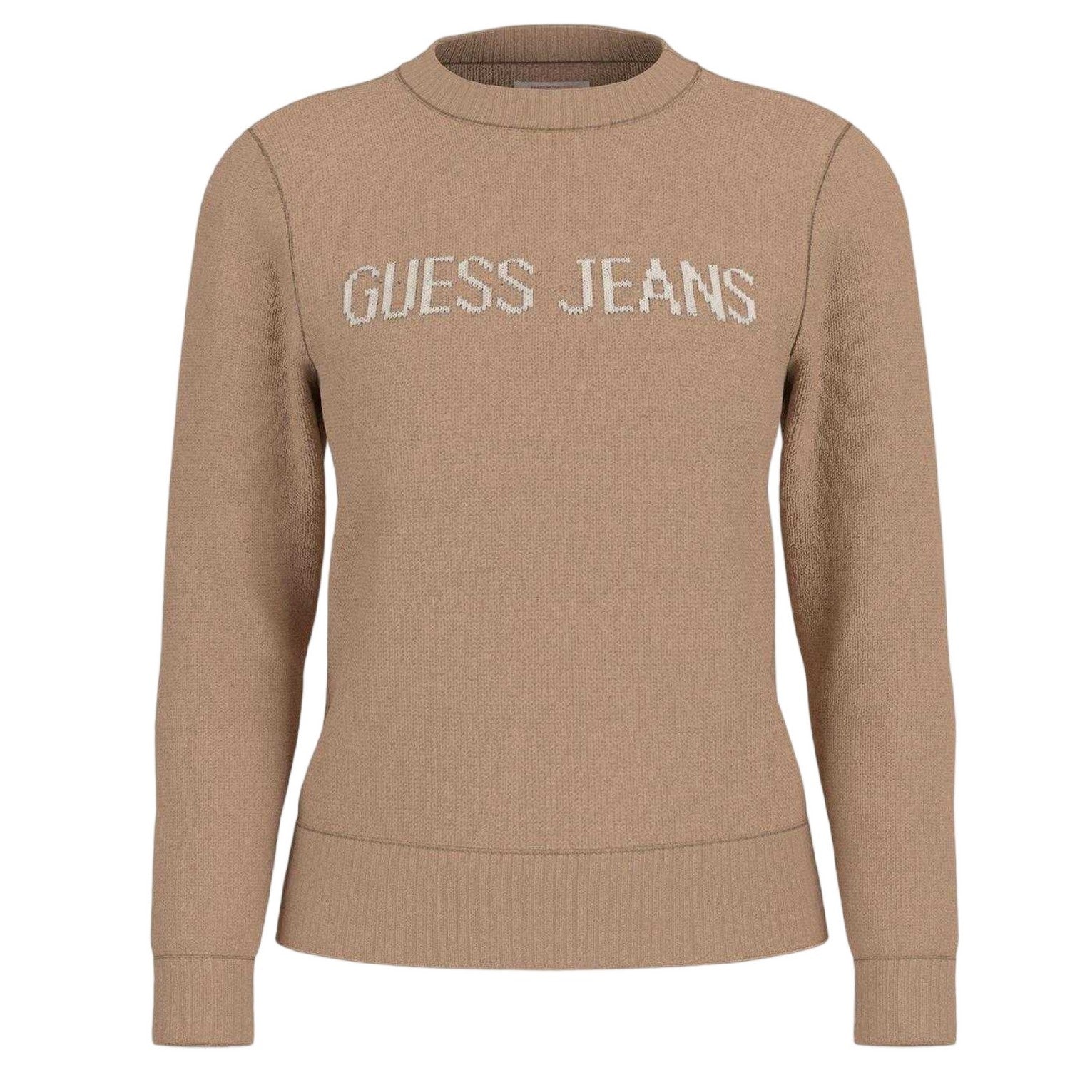 Brown-Oatmeal - Front - Guess Womens-Ladies Knitted Intarsia Sweatshirt
