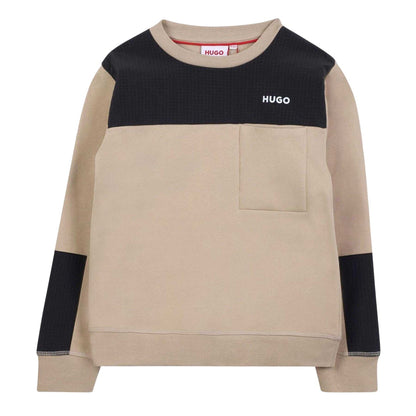 Stone - Front - Hugo Childrens-Kids Patch Crew Neck Sweatshirt