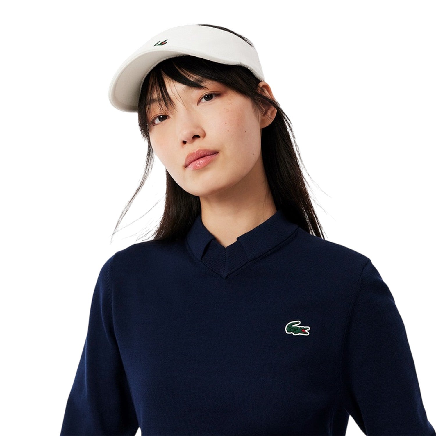 Navy - Side - Lacoste Womens-Ladies Embroidered Logo V Neck Regular Long-Sleeved Sweater Top