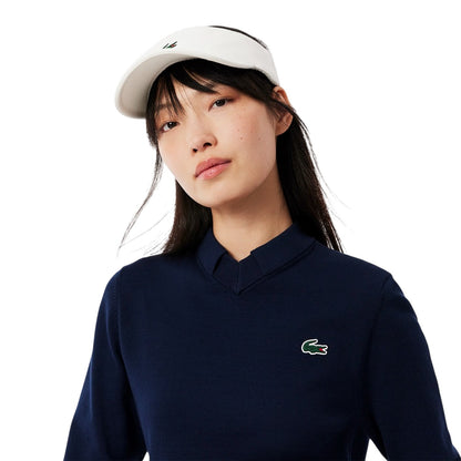 Navy - Side - Lacoste Womens-Ladies Embroidered Logo V Neck Regular Long-Sleeved Sweater Top
