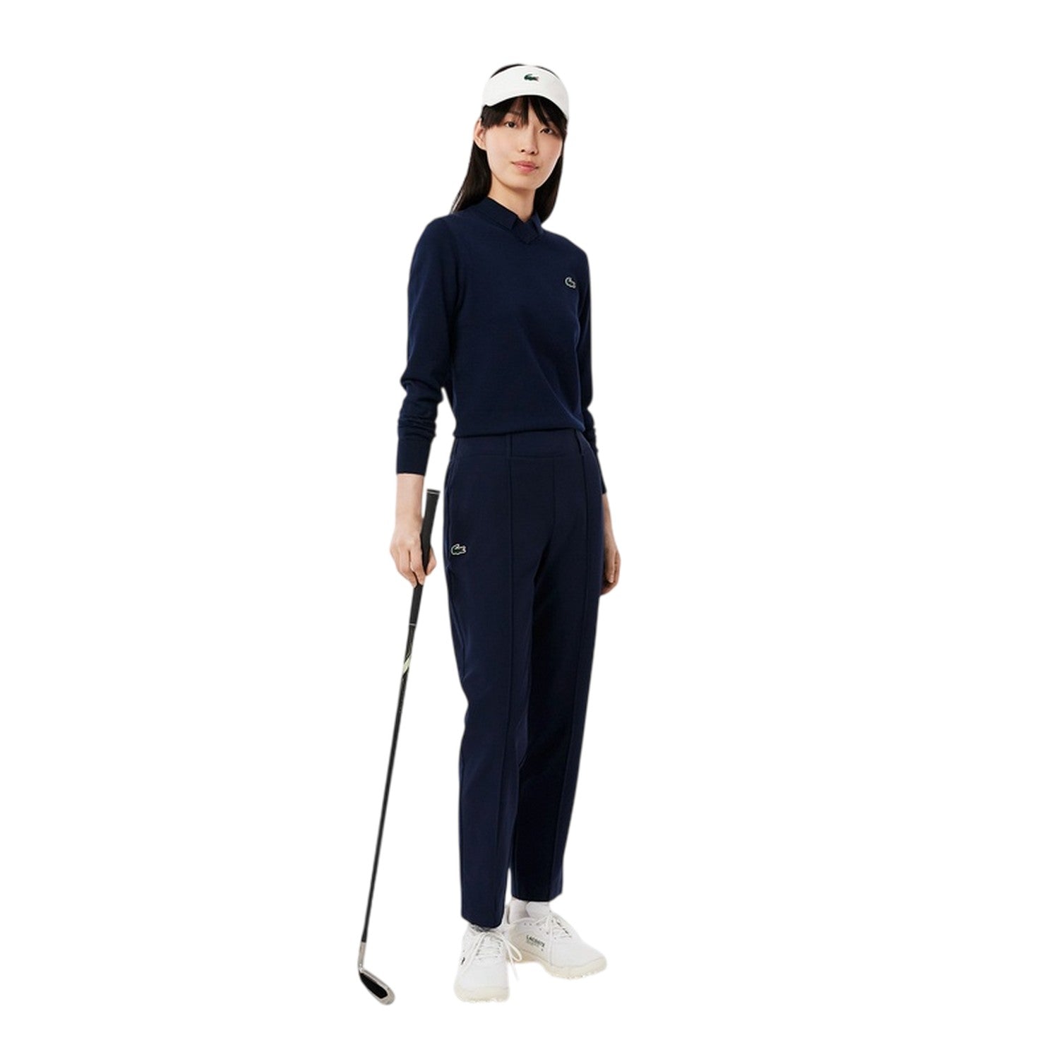 Navy - Lifestyle - Lacoste Womens-Ladies Embroidered Logo V Neck Regular Long-Sleeved Sweater Top