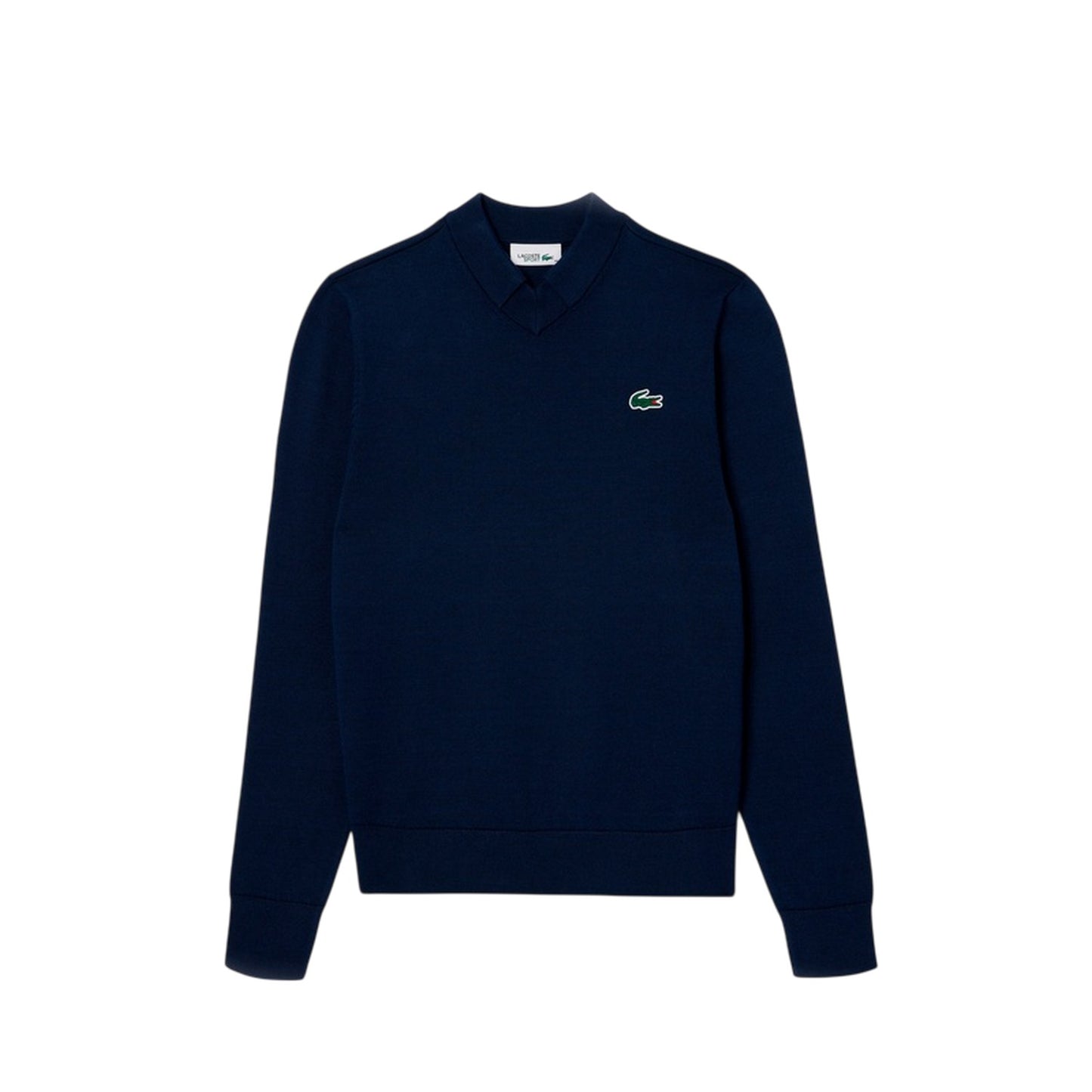 Navy - Front - Lacoste Womens-Ladies Embroidered Logo V Neck Regular Long-Sleeved Sweater Top