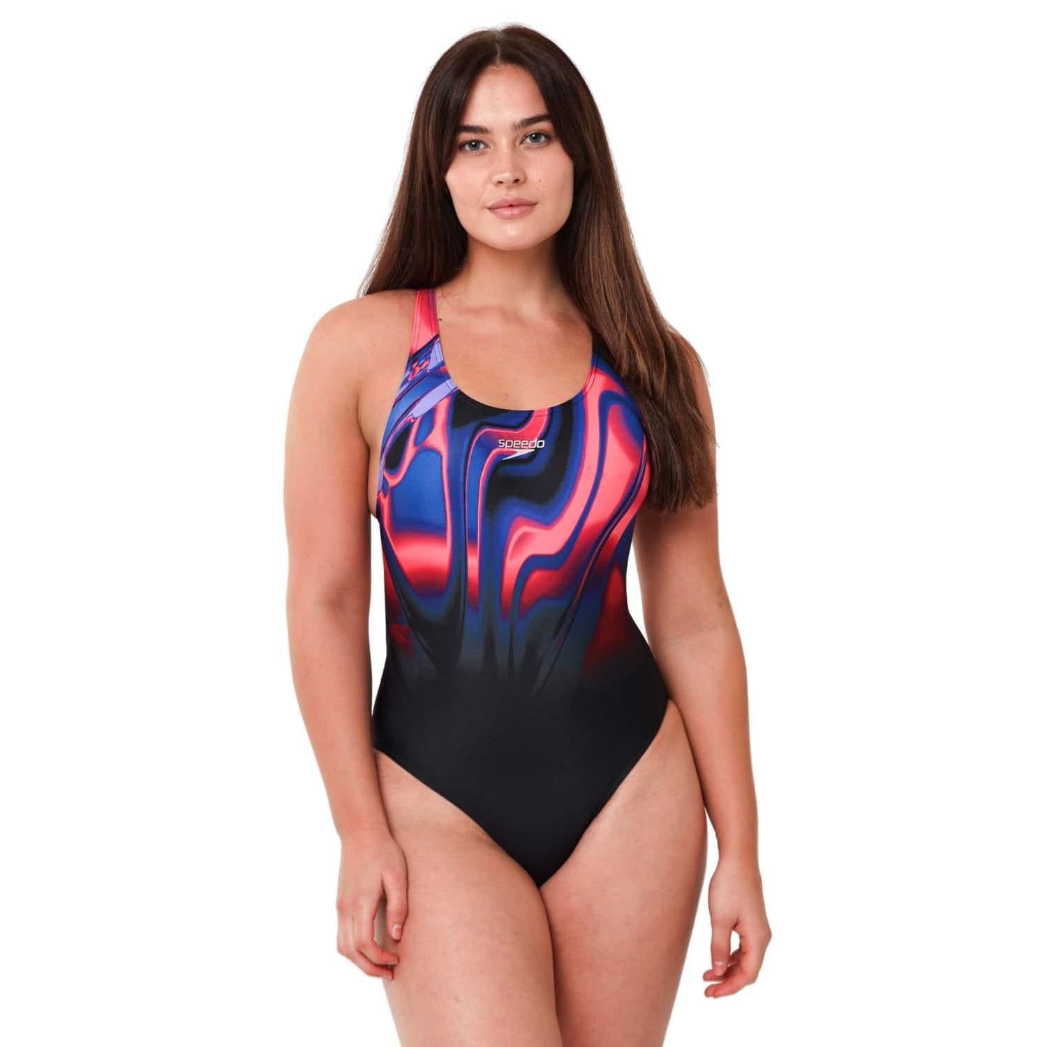 Black-Red - Front - Speedo Womens-Ladies Placement Digital Print One Piece Swimsuit