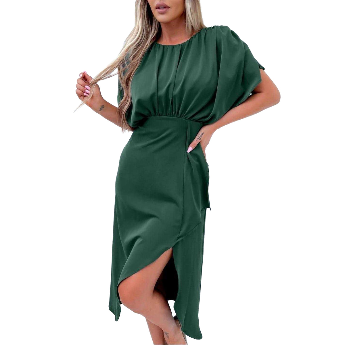 Teal - Side - AX Paris Womens-Ladies Polyester Gathered Batwing Sleeve Midi Dress