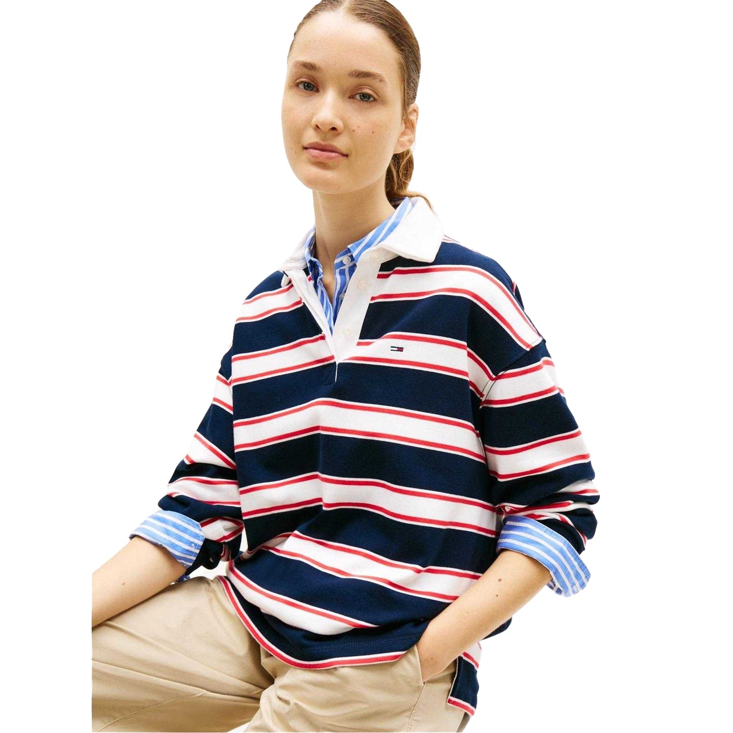 Dark Navy - Side - Tommy Jeans Womens-Ladies Striped Relaxed Fit Rugby Sweatshirt