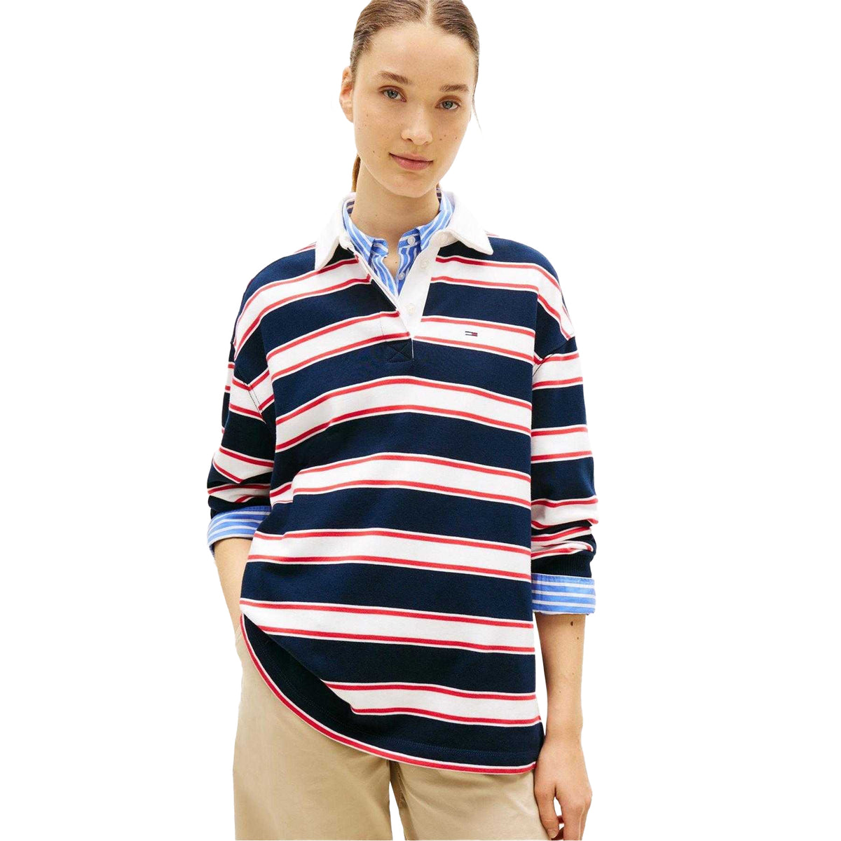 Dark Navy - Lifestyle - Tommy Jeans Womens-Ladies Striped Relaxed Fit Rugby Sweatshirt