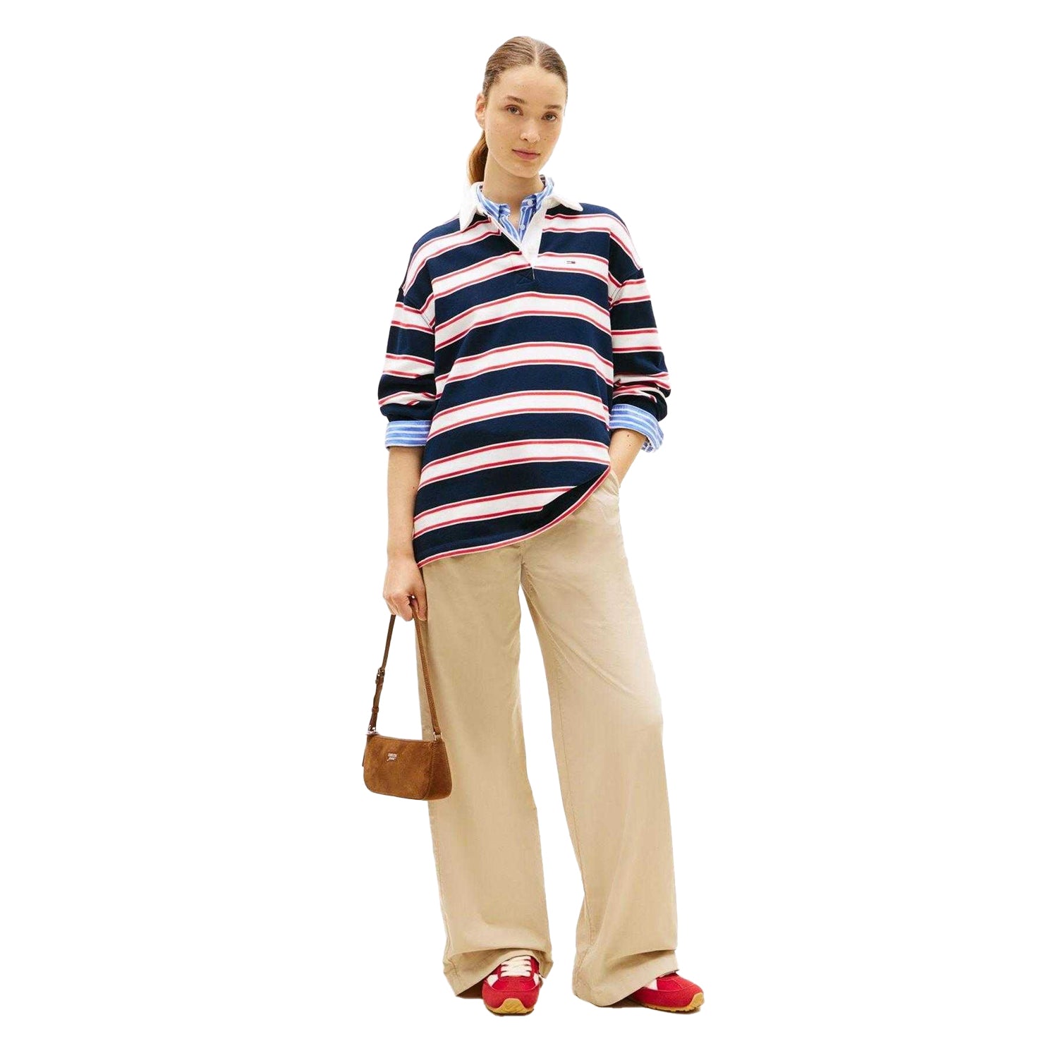 Dark Navy - Pack Shot - Tommy Jeans Womens-Ladies Striped Relaxed Fit Rugby Sweatshirt