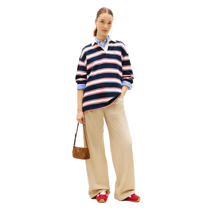Dark Navy - Pack Shot - Tommy Jeans Womens-Ladies Striped Relaxed Fit Rugby Sweatshirt