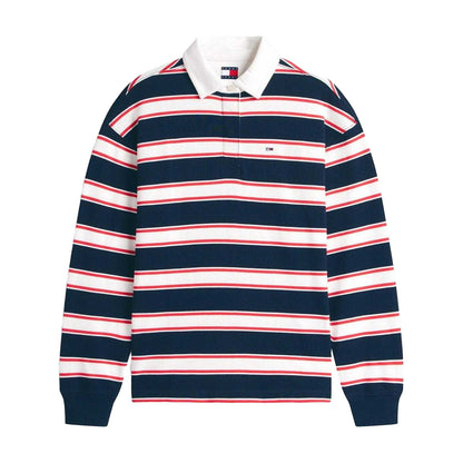 Dark Navy - Front - Tommy Jeans Womens-Ladies Striped Relaxed Fit Rugby Sweatshirt