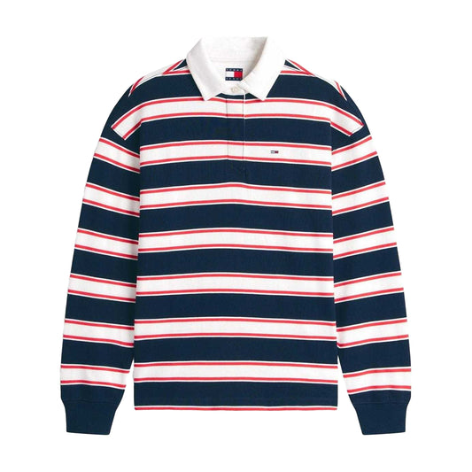 Dark Navy - Front - Tommy Jeans Womens-Ladies Striped Relaxed Fit Rugby Sweatshirt