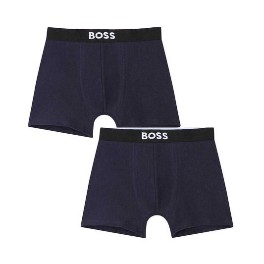 Navy - Front - Boss Childrens-Kids Cotton Blend Boxer Shorts (Pack of 2)
