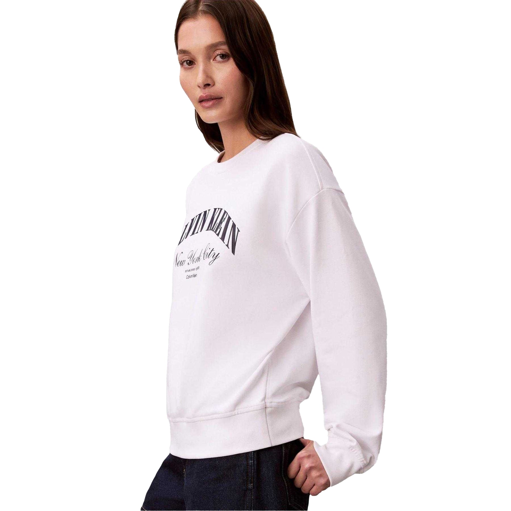Bright White - Side - Calvin Klein Womens-Ladies Varsity Logo Sweatshirt