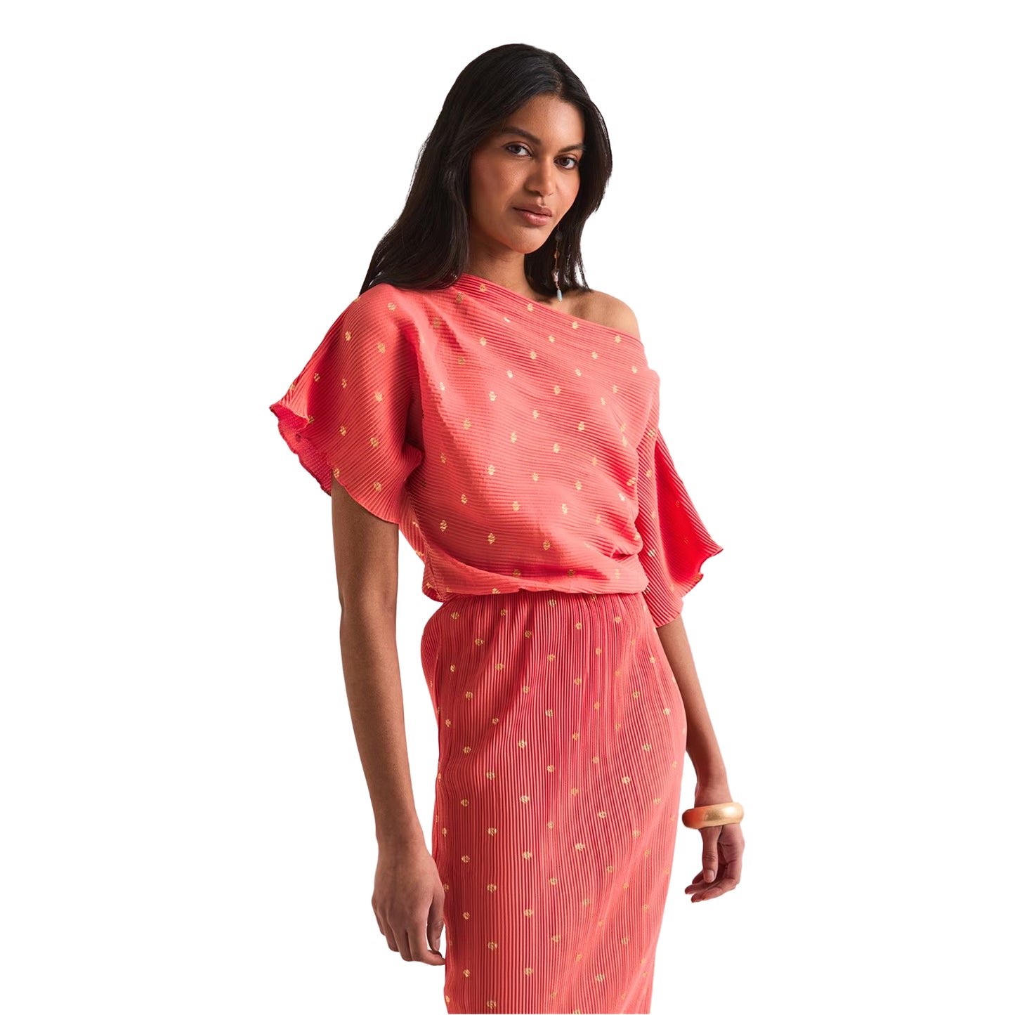 Coral - Side - Never Fully Dressed Womens-Ladies Tilly Polka Dot Boat Neck Shirt Dress