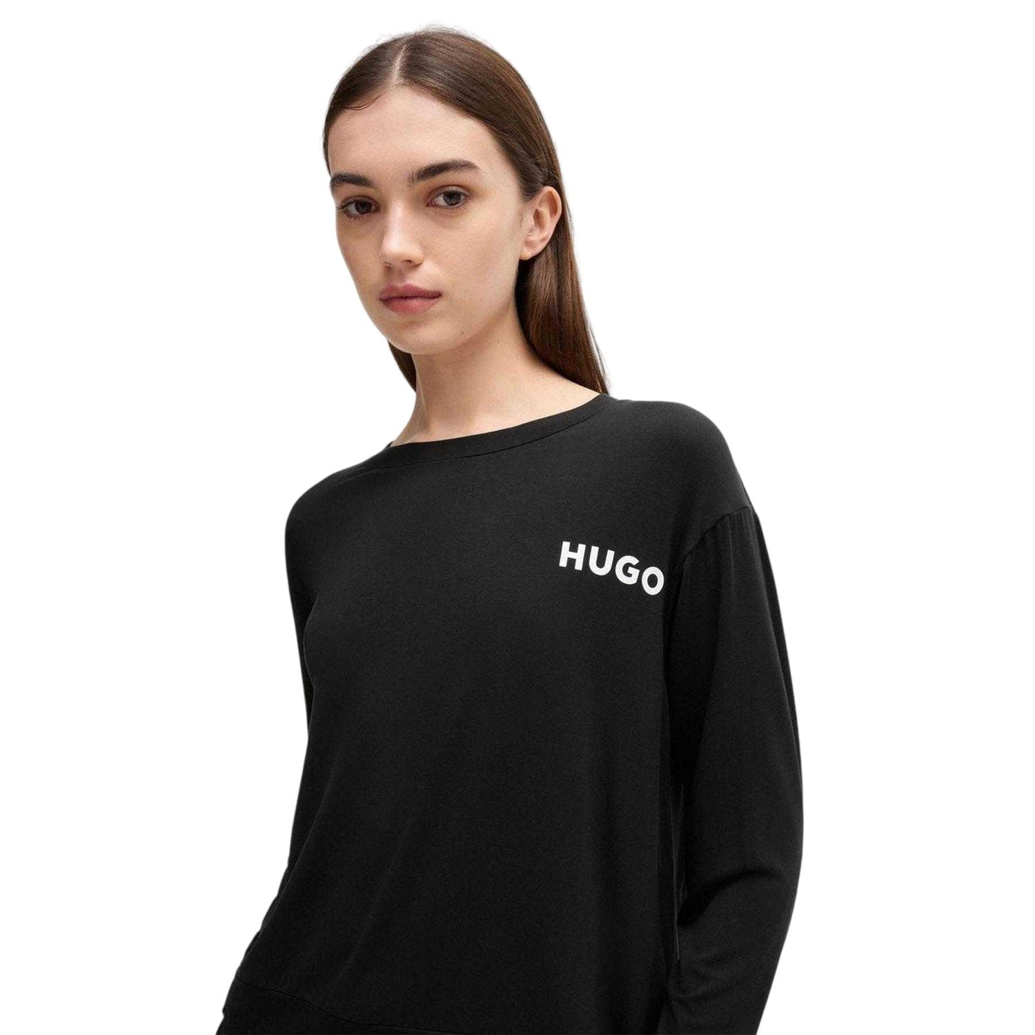 Black - Side - Hugo Womens-Ladies Unite Logo Relaxed Fit Long-Sleeved Pyjama Top
