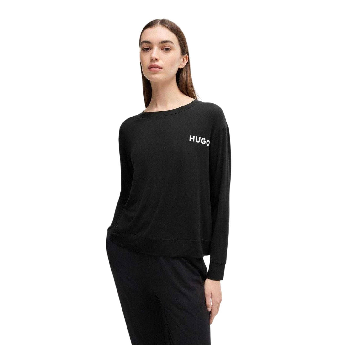 Black - Lifestyle - Hugo Womens-Ladies Unite Logo Relaxed Fit Long-Sleeved Pyjama Top