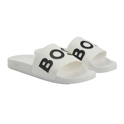 White - Front - Boss Unisex Adult Bay Logo Synthetic Flat Slides