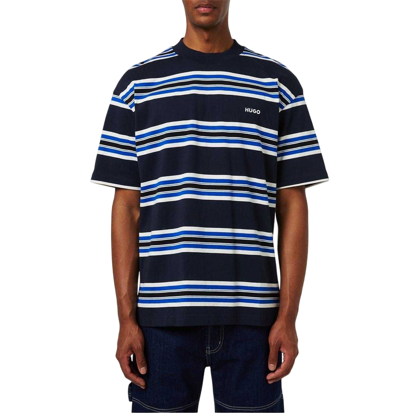 Dark Blue - Side - Hugo Mens Natinolo Striped Crew Neck T-Shirt