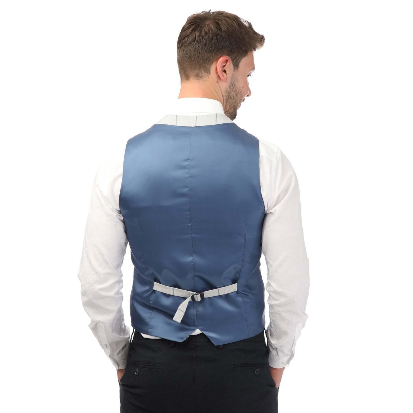 Grey - Back - Guide London Mens Checked Italian Cotton Blend Waistcoat
