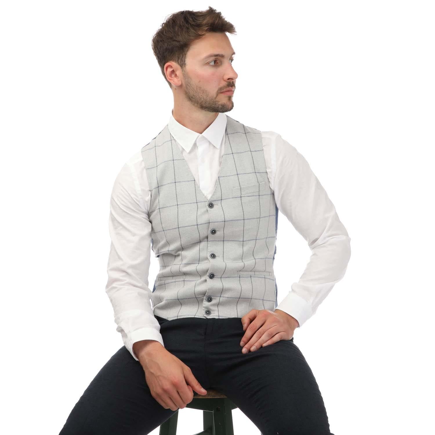 Grey - Side - Guide London Mens Checked Italian Cotton Blend Waistcoat