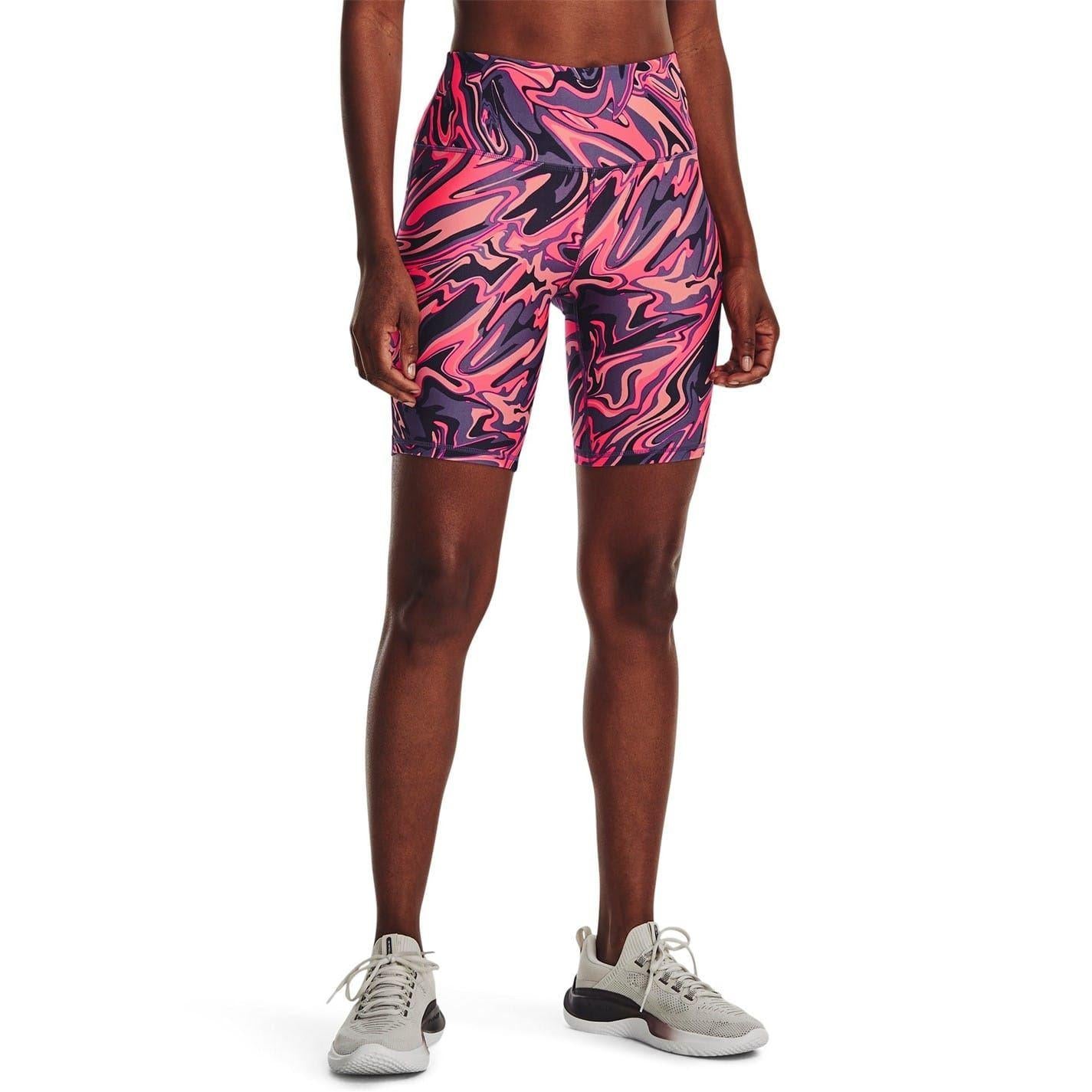 Pink - Side - Under Armour Womens-Ladies HeatGear Abstract Marble Cycling Shorts