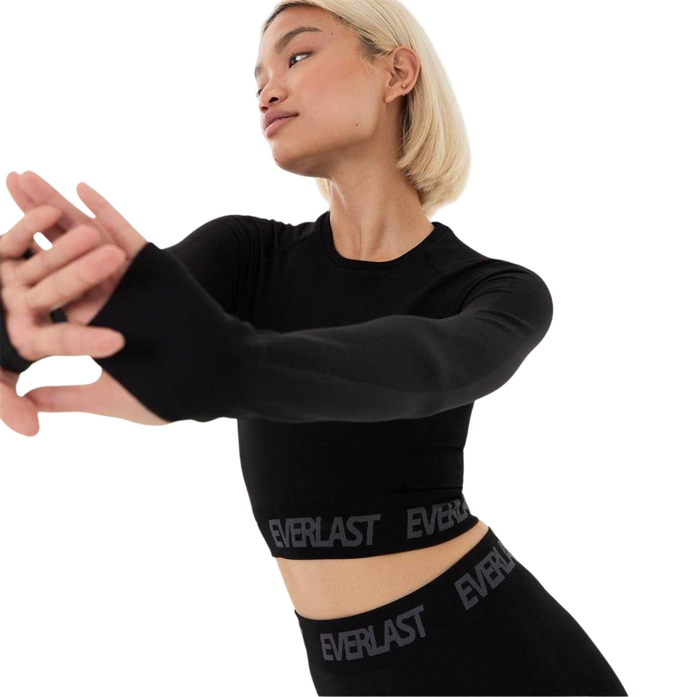 Jet Black - Side - Everlast Womens-Ladies Seamless Long-Sleeved Crop Top