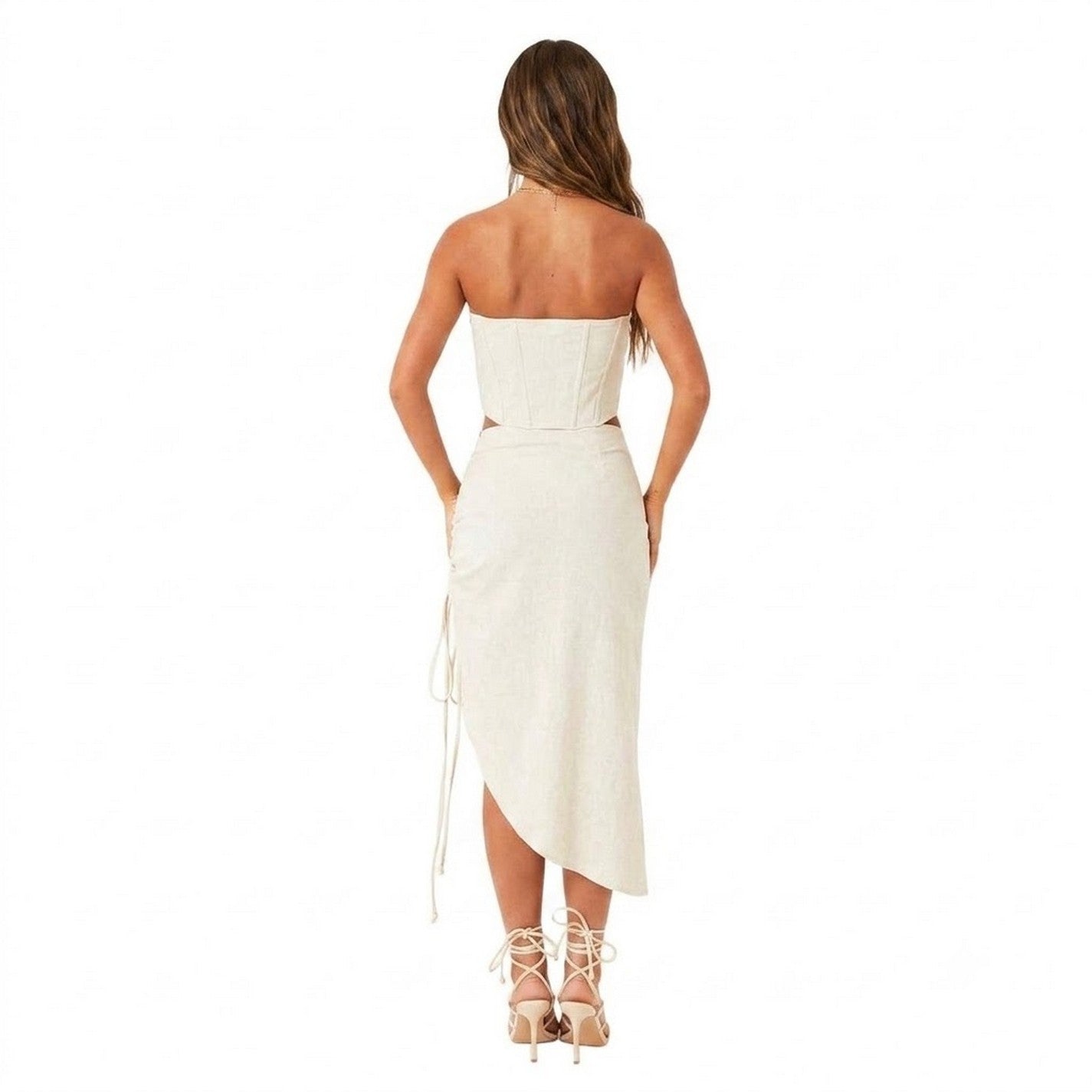 Stone - Back - Missy Empire Womens-Ladies Linen-Look Fitted Midi Skirt Set