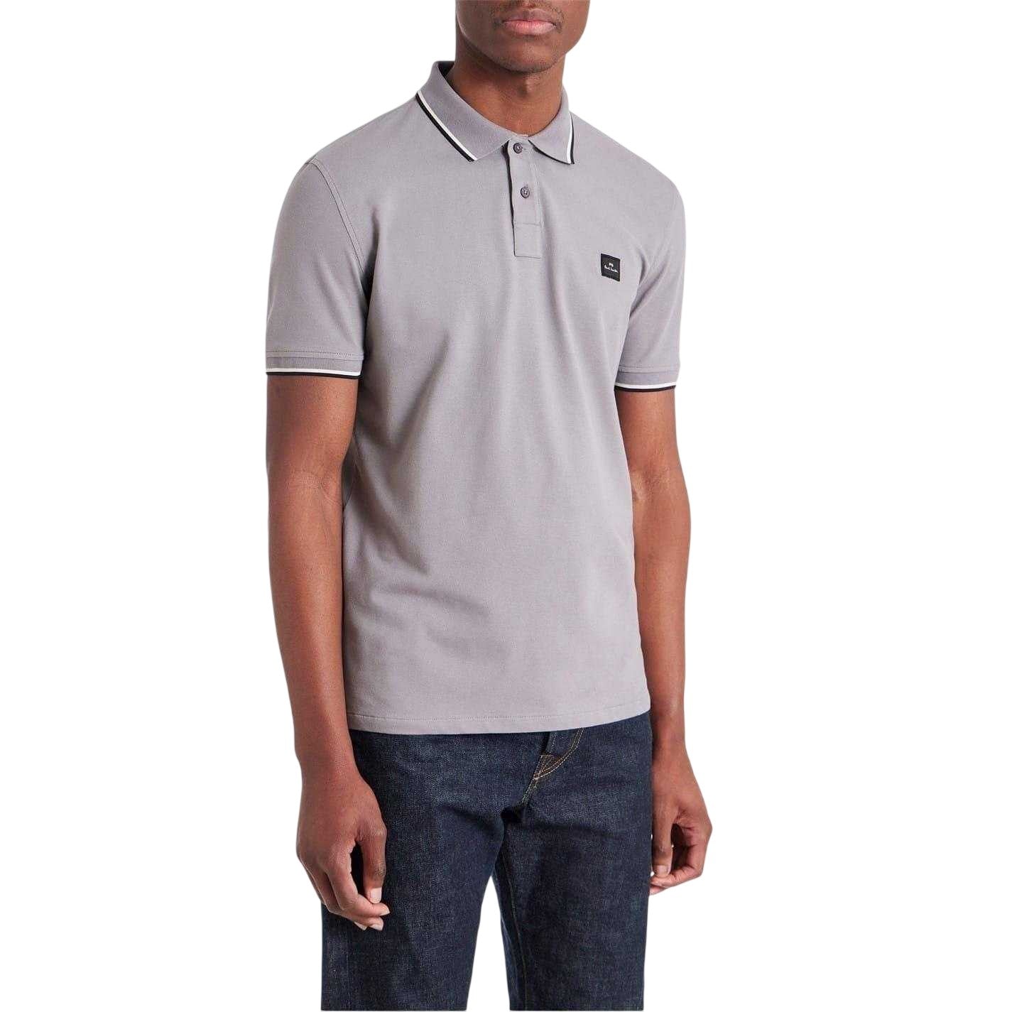 Grey - Side - Paul Smith Mens Patch Cotton Logo Polo Shirt