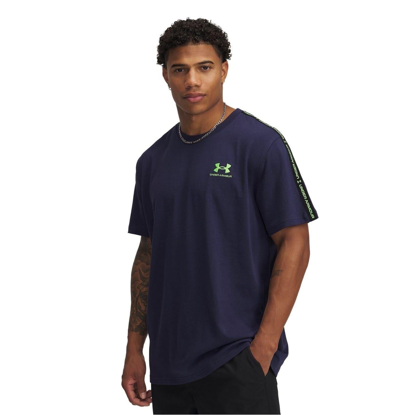 Navy-Cyber Green - Front - Under Armour Mens Icon Crew Neck Regular T-Shirt