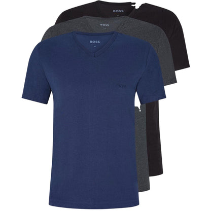 Navy-Grey-Black - Front - Boss Mens Logo V Neck T-Shirt (Pack Of 3)