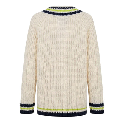 Cream-Black - Back - Lacoste Womens-Ladies Striped V Neck Relaxed Fit Sweater Top