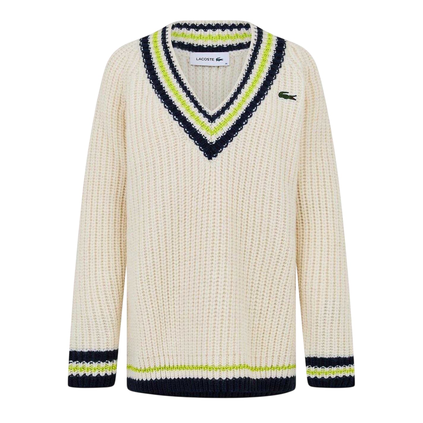 Cream-Black - Front - Lacoste Womens-Ladies Striped V Neck Relaxed Fit Sweater Top
