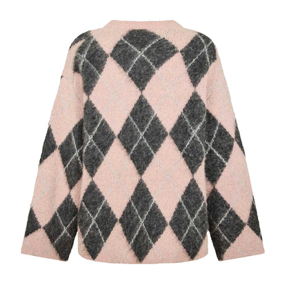 Pink-Black - Back - Edited Womens-Ladies Harriet Argyle Drop Shoulder Jumper