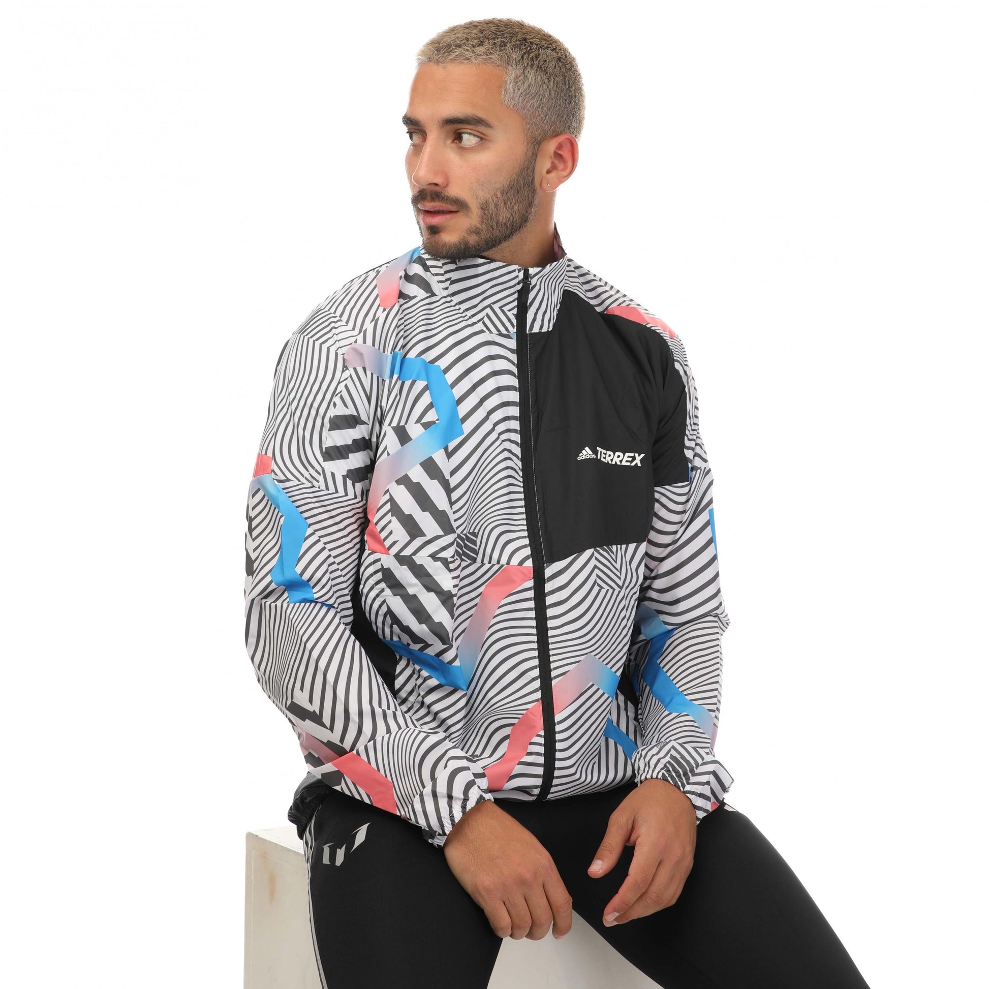 White-Black - Side - Adidas Mens Terrex Trail Printed Running Jacket