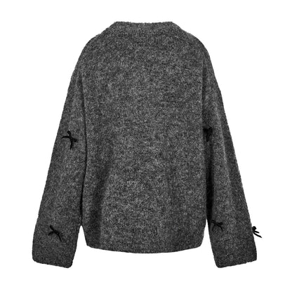 Dark Grey Melange - Back - Edited Womens-Ladies Bailee Bow Knitted Oversized Jumper