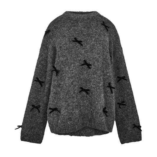 Dark Grey Melange - Front - Edited Womens-Ladies Bailee Bow Knitted Oversized Jumper