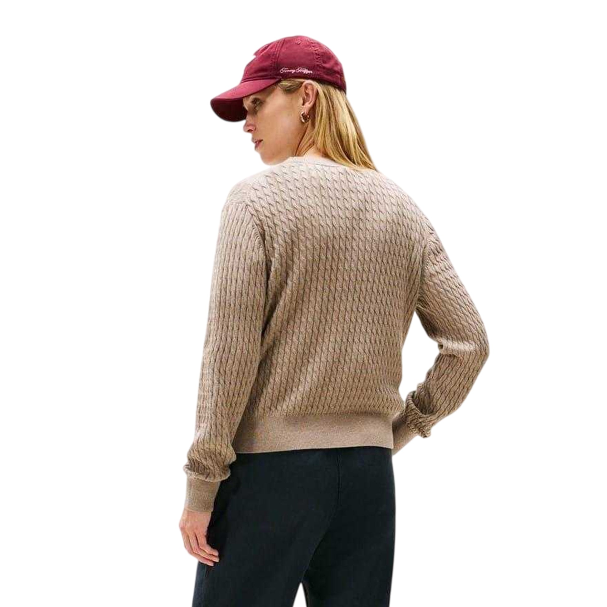 Taupe Heather - Back - Tommy Hilfiger Womens-Ladies Cable Knit Crew Neck Sweater Top