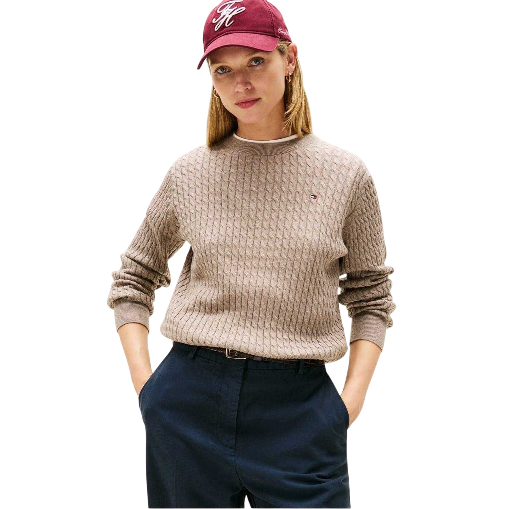 Taupe Heather - Side - Tommy Hilfiger Womens-Ladies Cable Knit Crew Neck Sweater Top