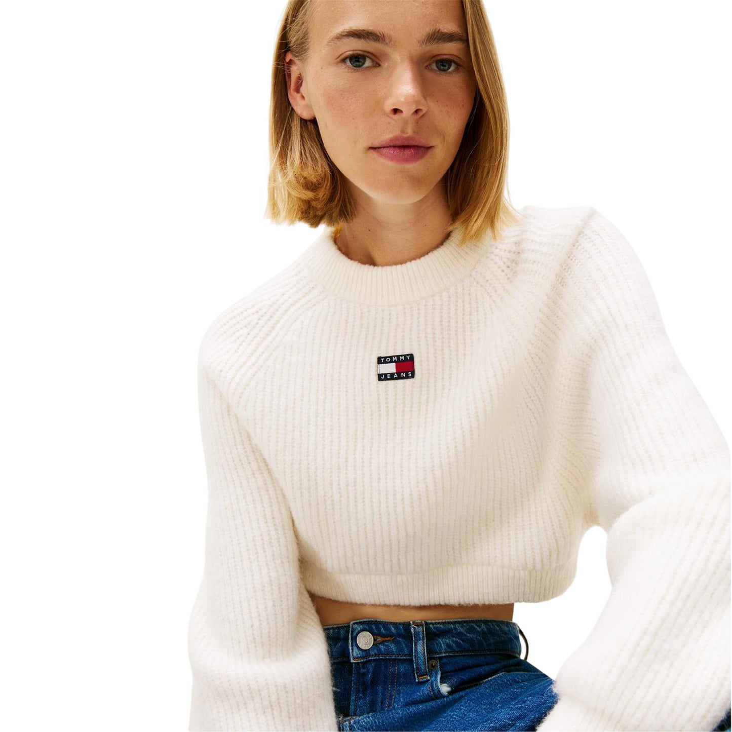 Antique White - Side - Tommy Jeans Womens-Ladies Badge Raglan Long-Sleeved Sweater Top