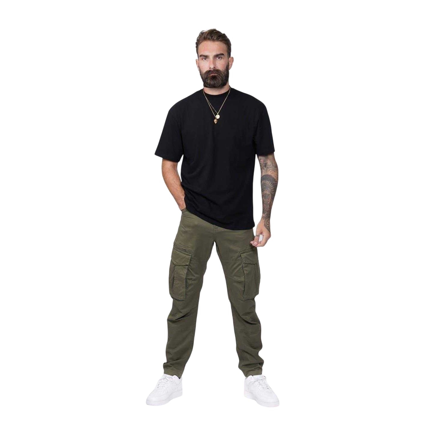 Khaki Green - Side - Firetrap Mens Cotton Blend Cargo Trousers