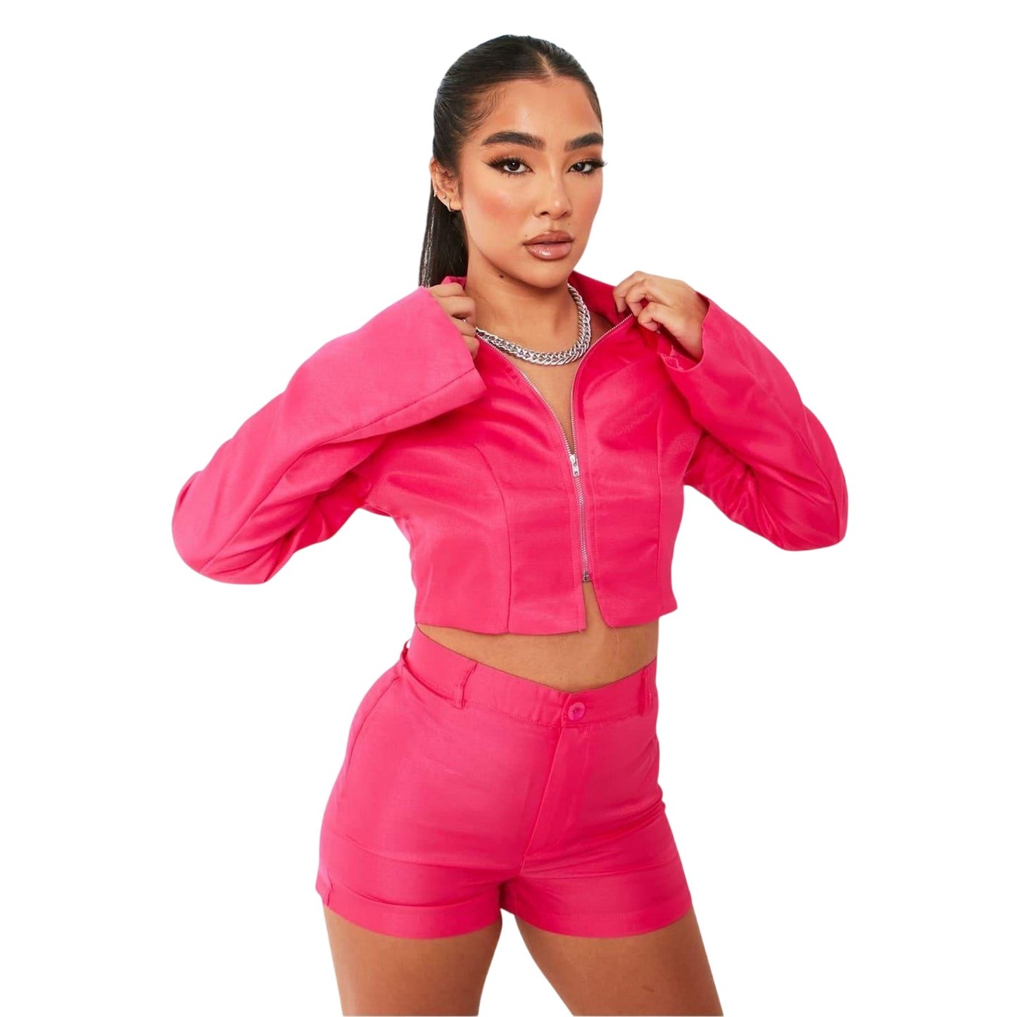 Pink - Front - Missy Empire Womens-Ladies Zip Front Tailored Bell Sleeve Jacket