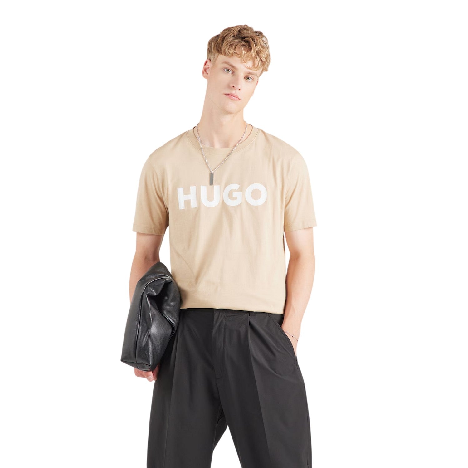 Beige - Side - Hugo Mens Logo Regular T-Shirt