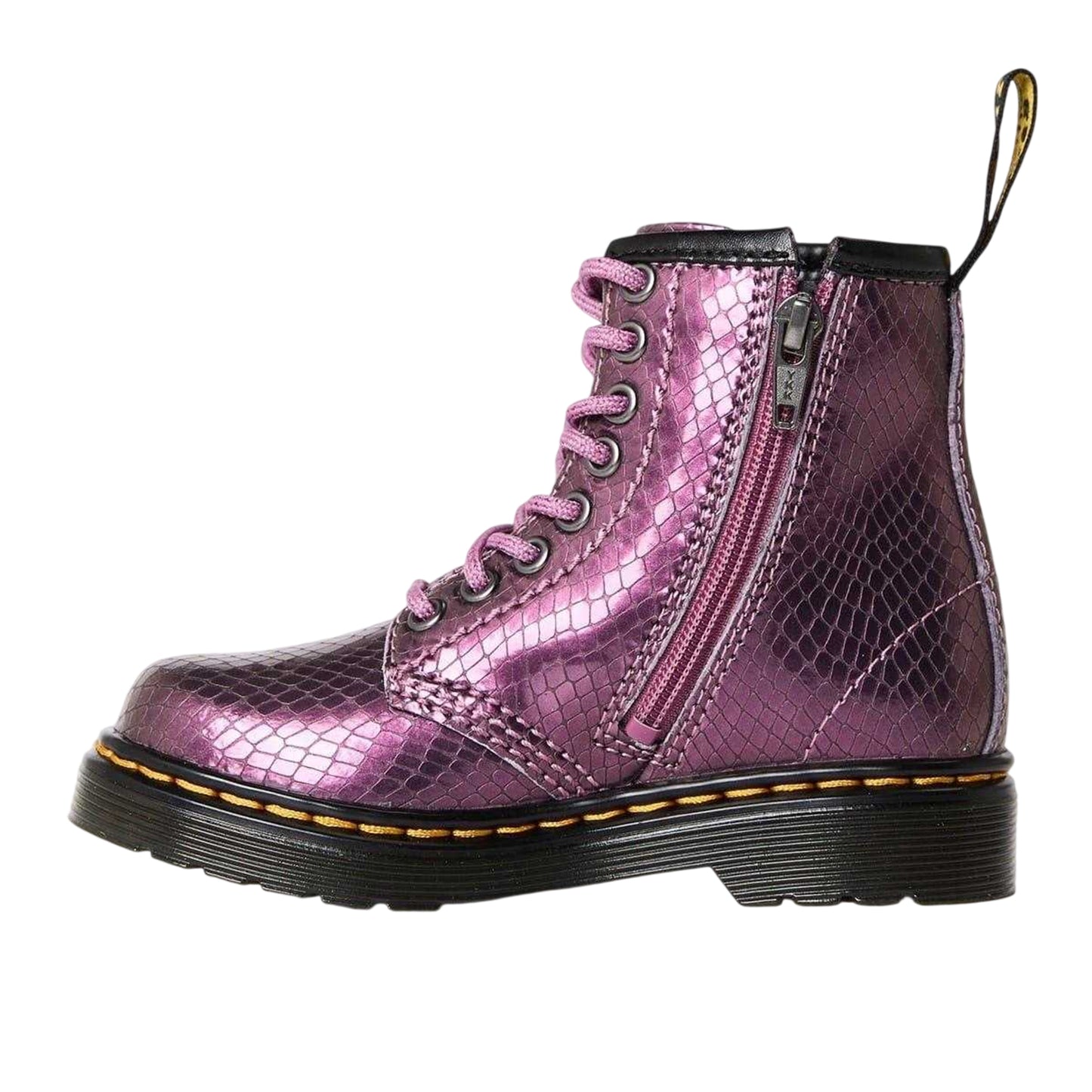 Pink - Back - Dr Martens Childrens-Kids 1460 Snakeskin Combat Boots