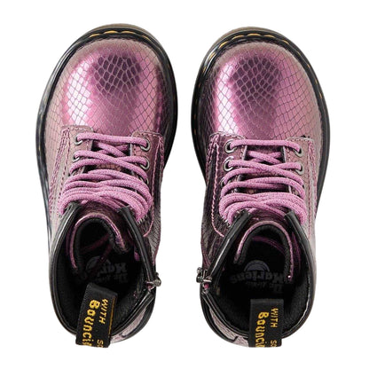 Pink - Side - Dr Martens Childrens-Kids 1460 Snakeskin Combat Boots