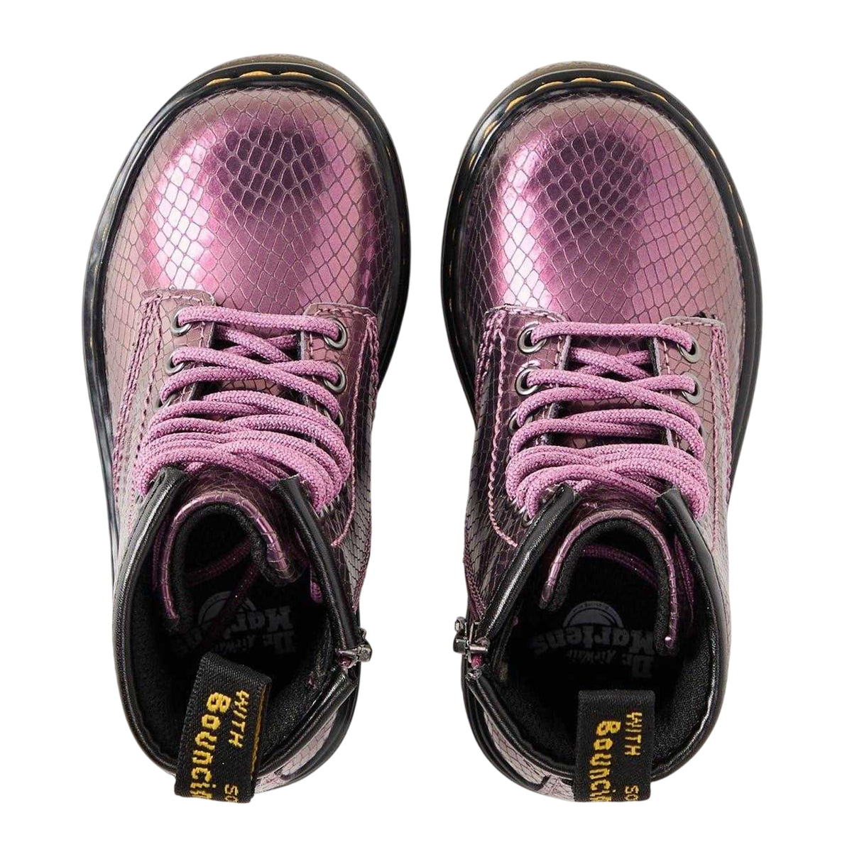 Pink - Side - Dr Martens Childrens-Kids 1460 Snakeskin Combat Boots