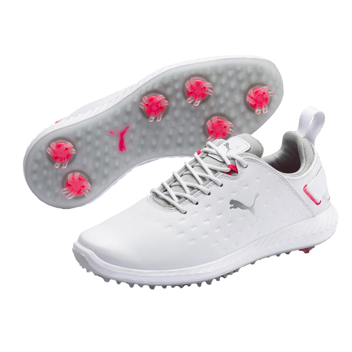 White - Pack Shot - Puma Womens-Ladies Blaze Pro Ignite Textured Leather Spikeless Golf Shoes
