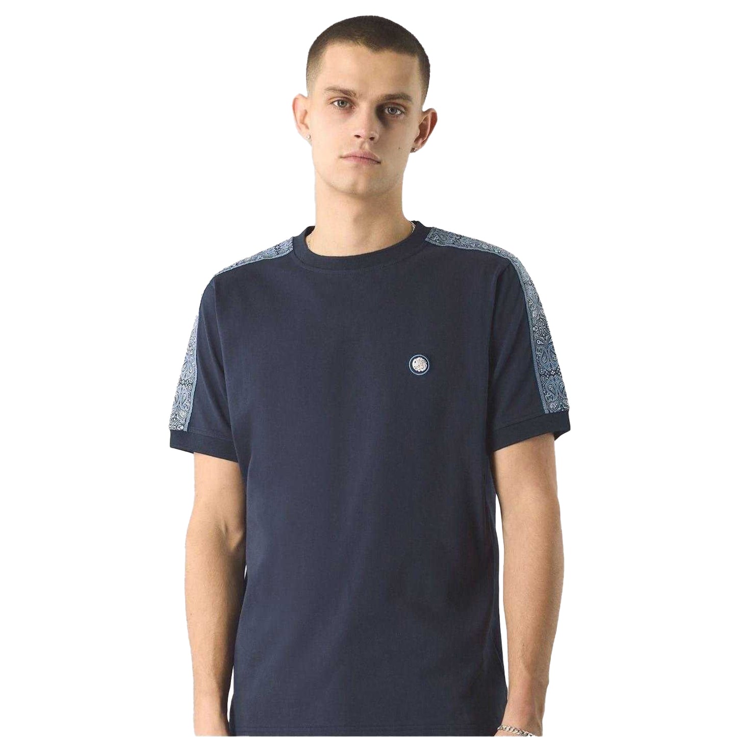 Navy - Side - Pretty Green Mens Paisley Taped T-Shirt