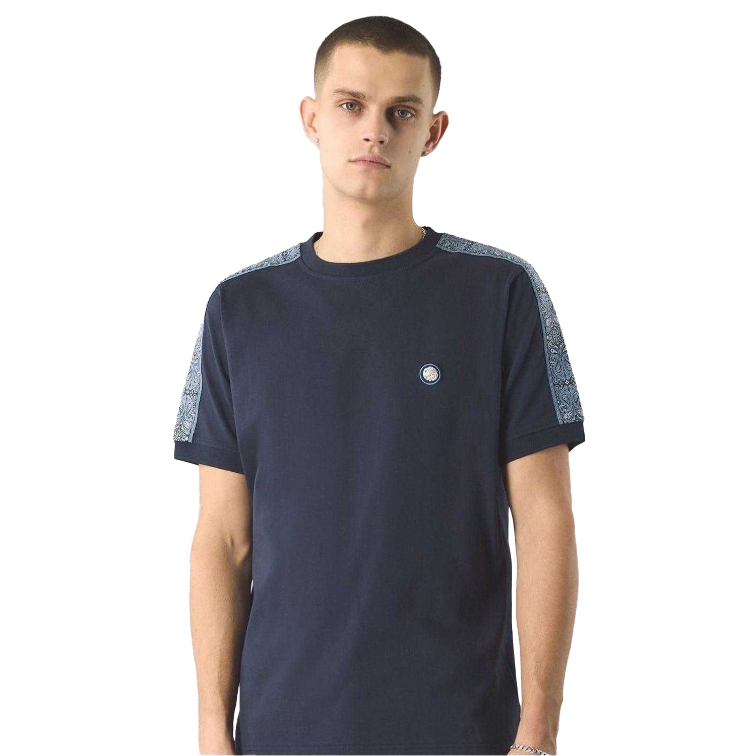 Navy - Side - Pretty Green Mens Paisley Taped T-Shirt