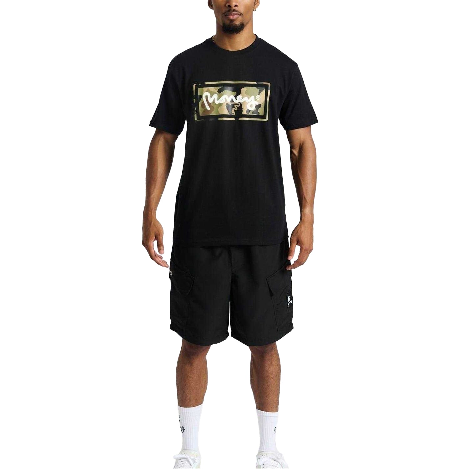 Black-White-Grey Melange - Side - Money Mens Camo Box T-Shirt (Pack of 3)