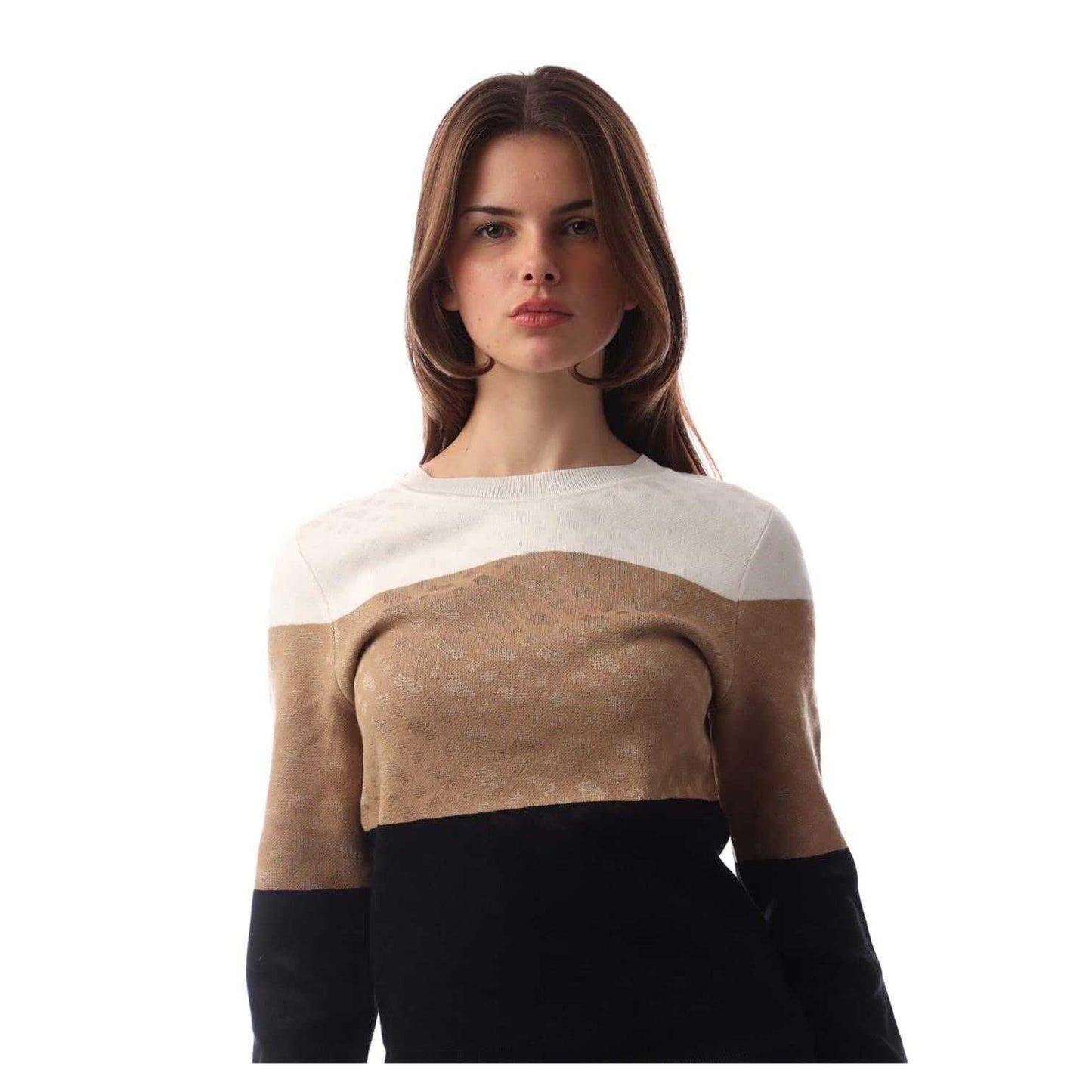 Cream-Tan-Black - Side - Boss Womens-Ladies Fireria Colour Block Crew Neck Sweatshirt